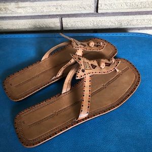 Camel Leather Painted Sandals - 8 - Summer Sandals - Mule Sandals